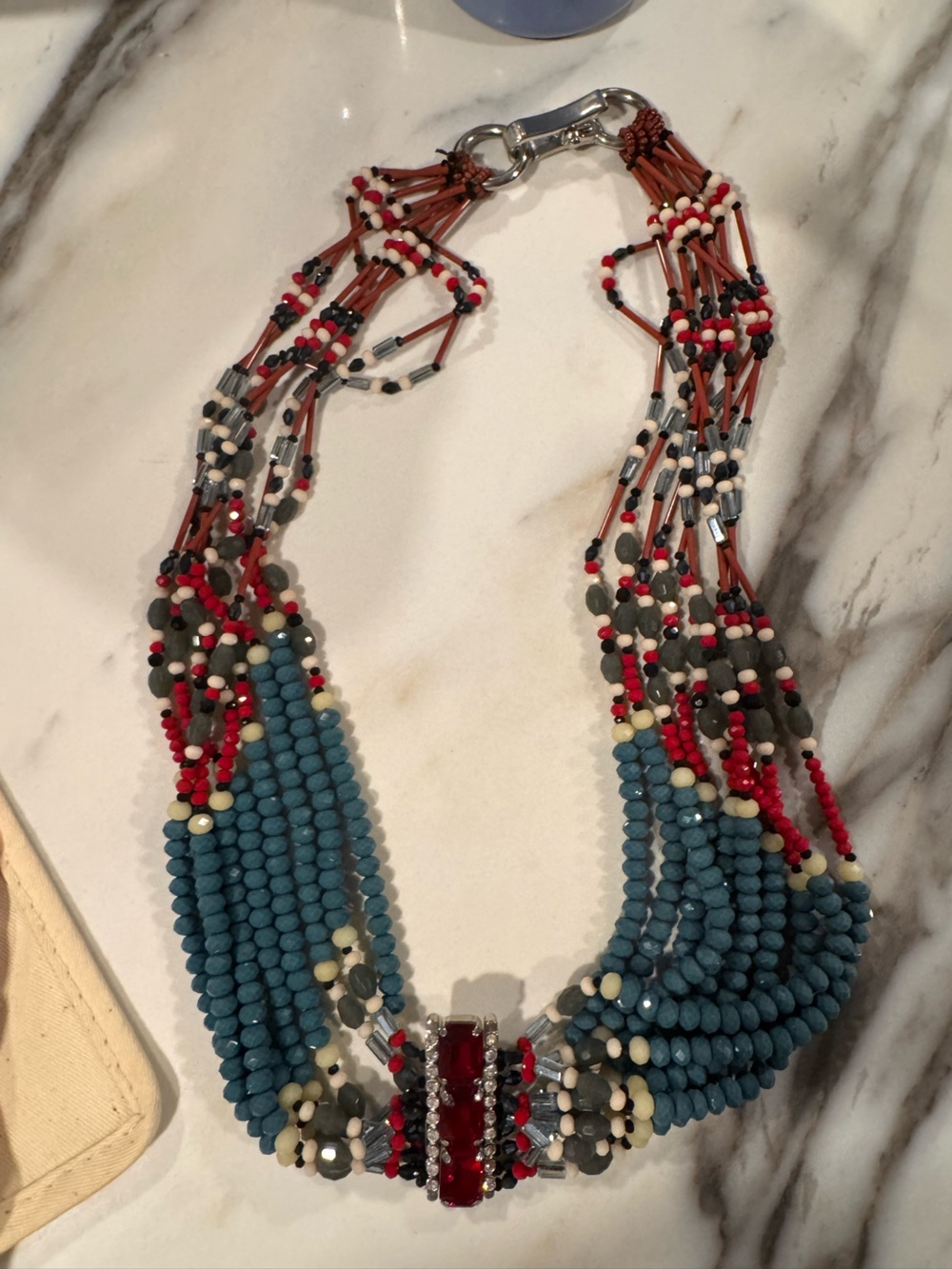 Multistrand Beaded Statement Necklace in Teal, Red & Ivory tribal